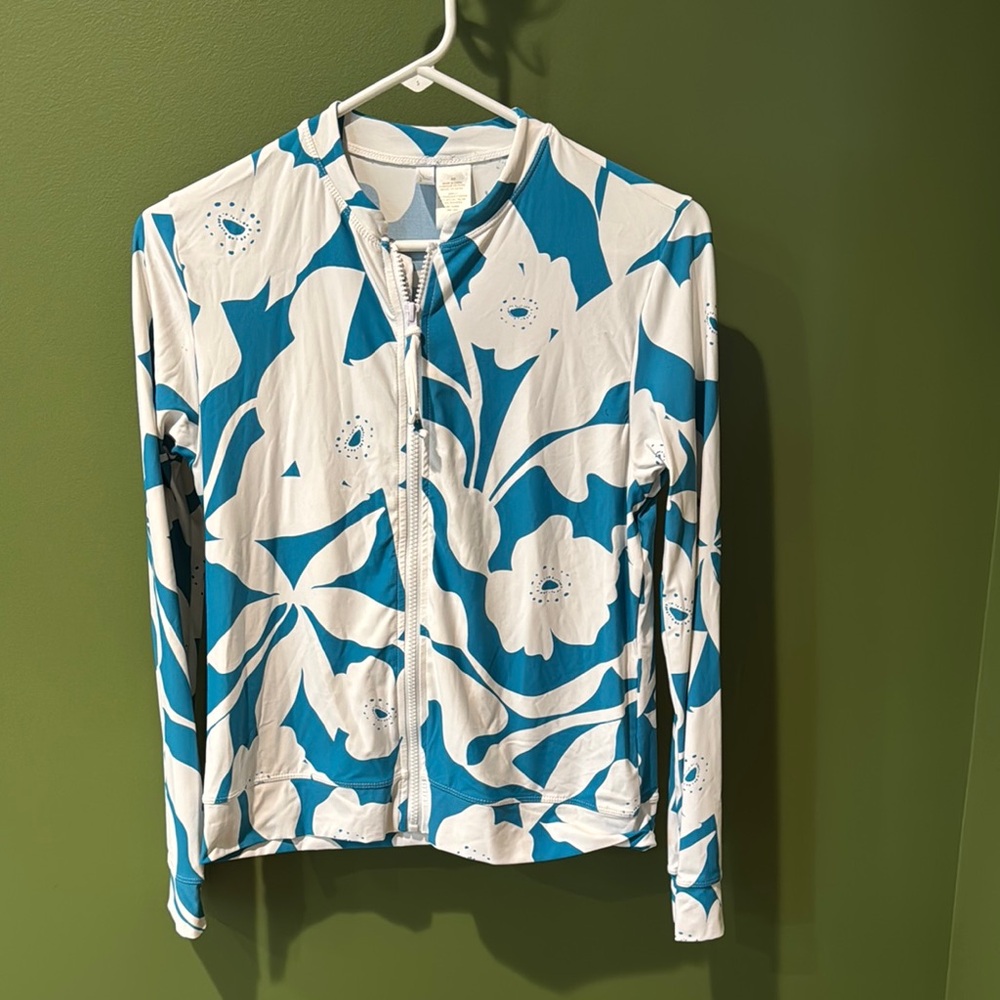 Anne Cole Floral Zip-Up Rash Guard Swim Top, Blue & White, NWOT
